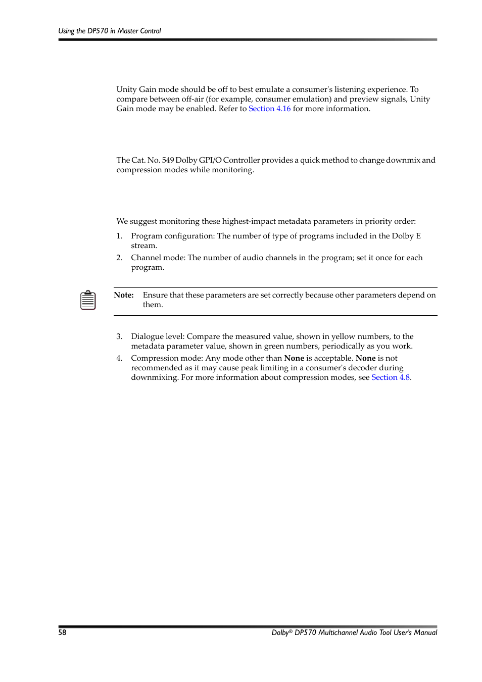Using unity gain mode, Using the dp570 with other dolby equipment, Most important metadata | 3 using unity gain mode, 4 using the dp570 with other dolby equipment, 5 most important metadata | Dolby Laboratories Multichannel Audio Tool DP570 User Manual | Page 74 / 123
