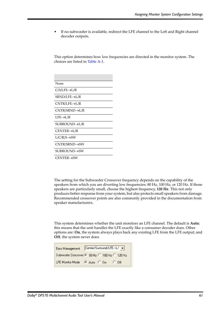 Figure a-3, Bass management settings, Table a-1 | Bass management options | Dolby Laboratories Multichannel Audio Tool DP570 User Manual | Page 77 / 123