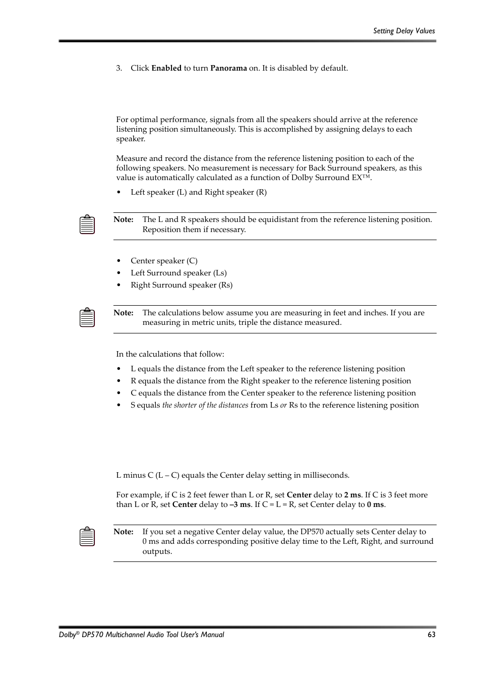 A.2 setting delay values, A.2.1 calculating delay values, Setting delay values | Dolby Laboratories Multichannel Audio Tool DP570 User Manual | Page 79 / 123