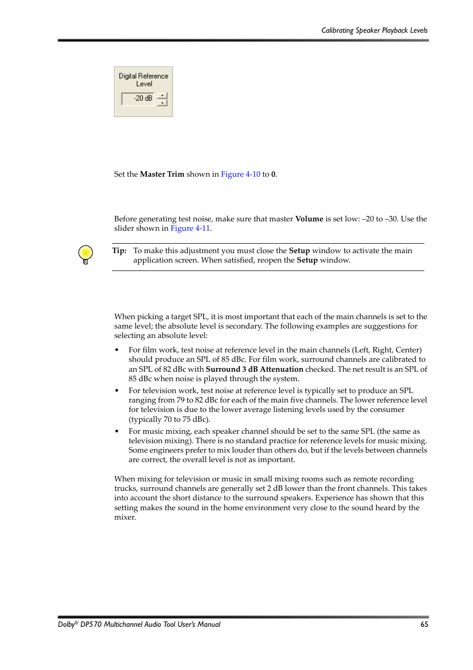 A.3.2 setting the master trim, A.3.3 setting the master volume, A.3.4 picking a target spl | Figure a-7, Digital reference level, Figure a‐7 | Dolby Laboratories Multichannel Audio Tool DP570 User Manual | Page 81 / 123