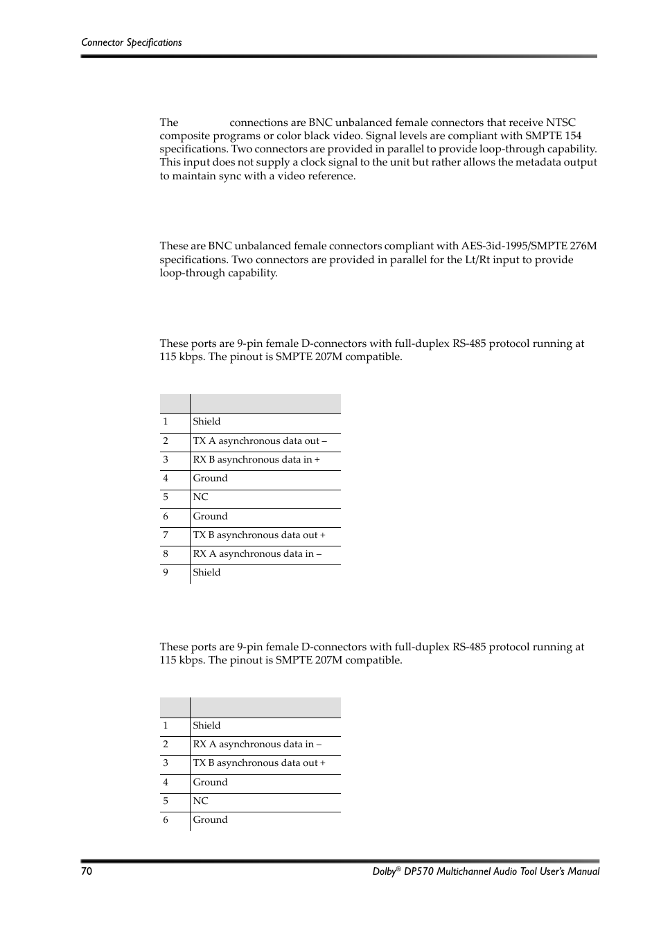 B.4 video ref, B.5 lt/rt inputs, B.6 metadata input ports | B.7 metadata output port, Table b-2, Metadata input port pinout, Table b-3, Metadata output port pinout | Dolby Laboratories Multichannel Audio Tool DP570 User Manual | Page 86 / 123