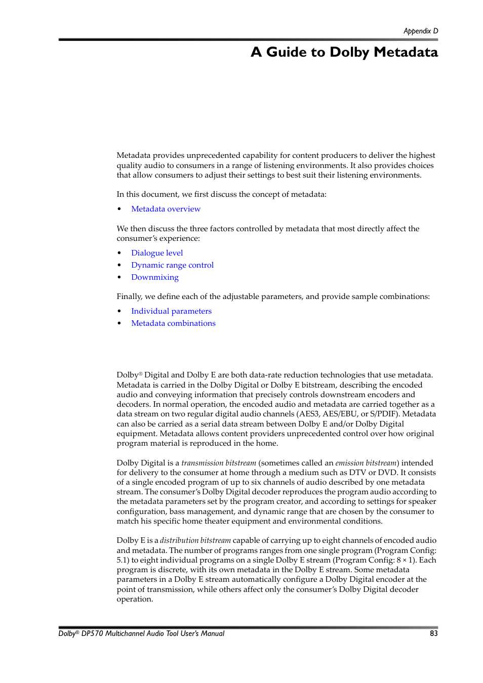 A guide to dolby metadata, D.1 metadata overview | Dolby Laboratories Multichannel Audio Tool DP570 User Manual | Page 99 / 123
