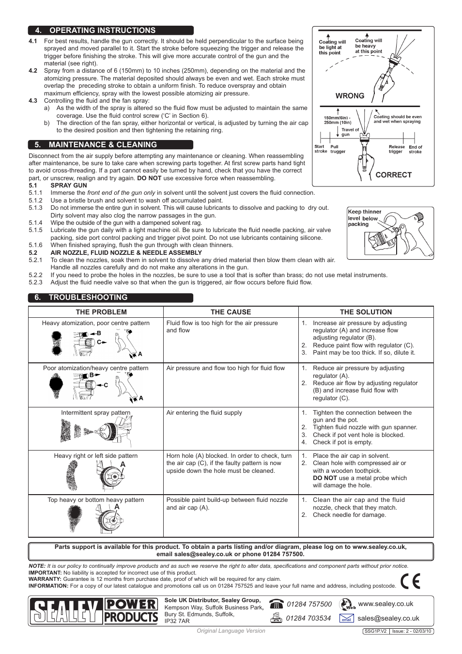 Operating instructions, Maintenance & cleaning, Troubleshooting | Sealey SSG1P User Manual | Page 2 / 2