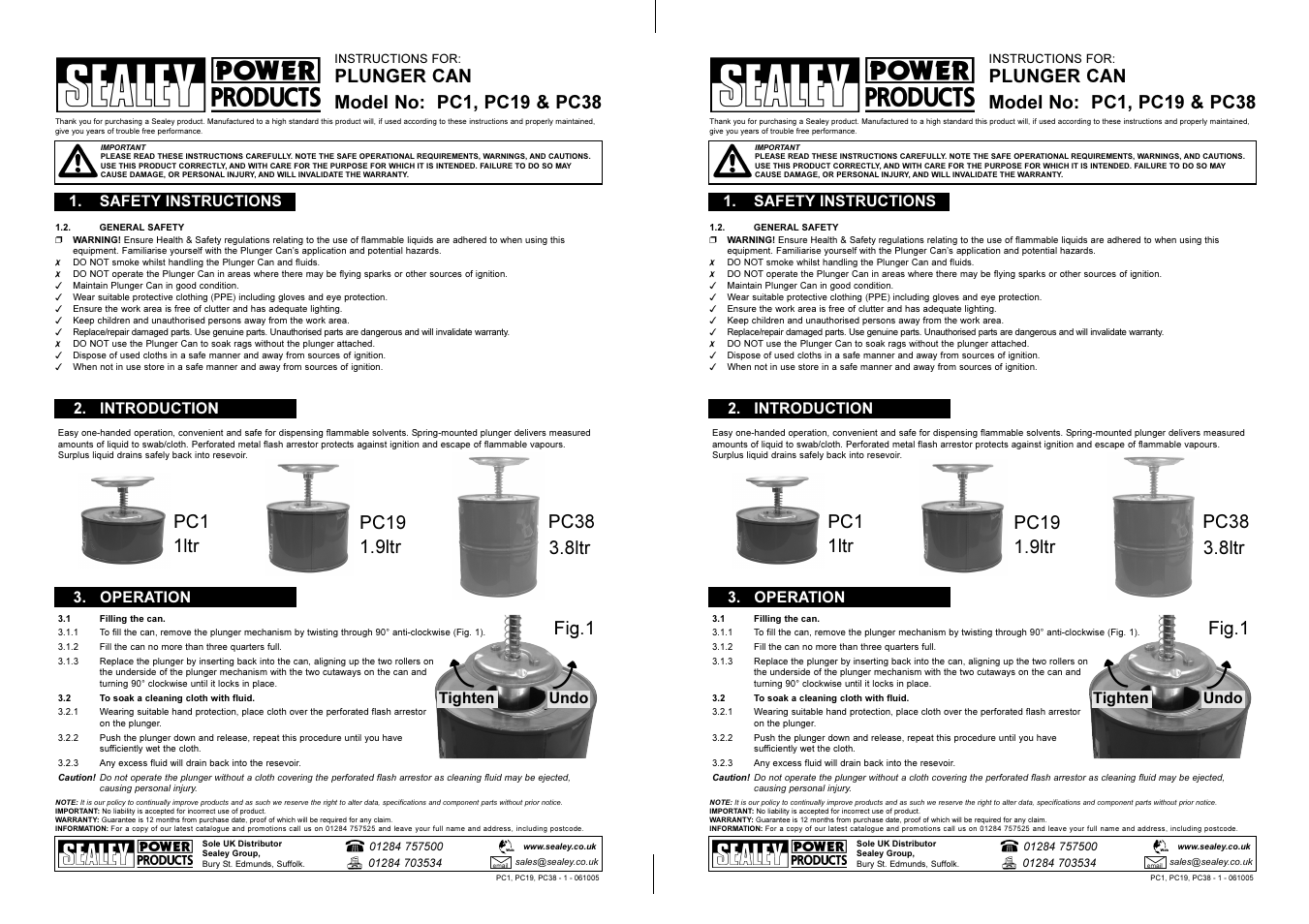 Sealey PC1 User Manual | 1 page