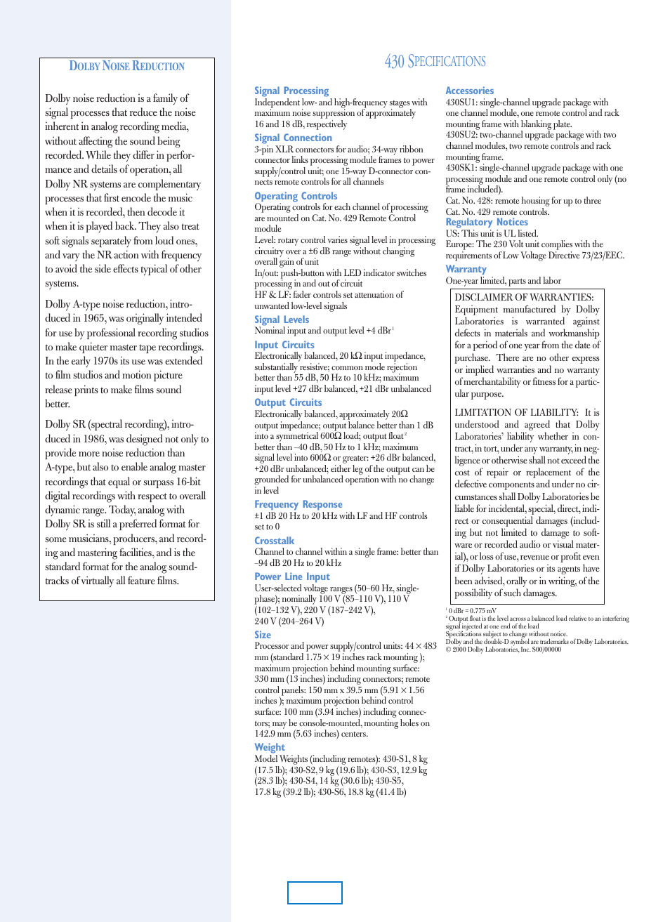 430 s, Pecifications | Dolby Laboratories 430 User Manual | Page 4 / 21