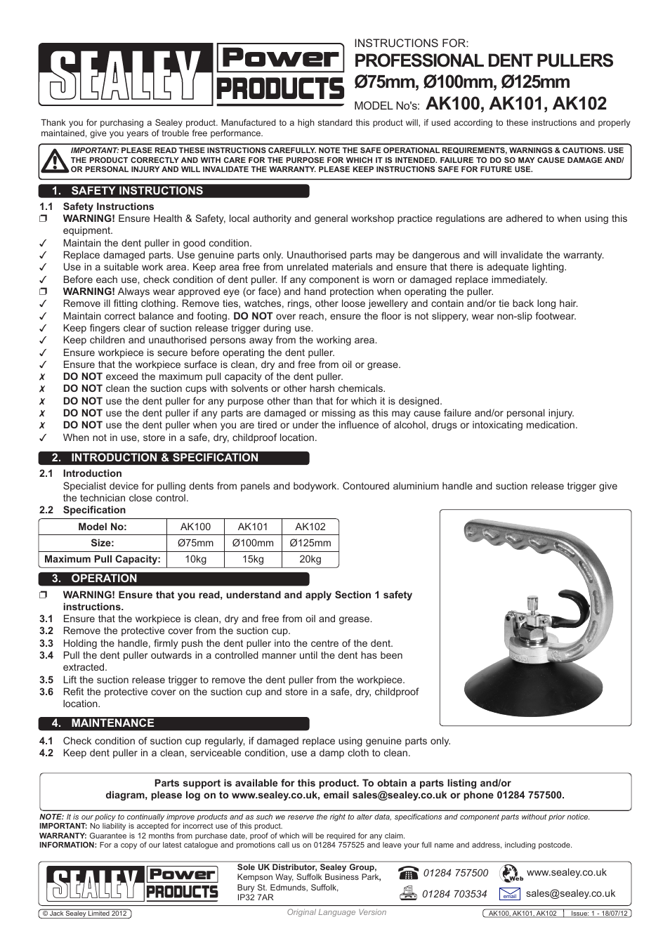 Sealey AK100 User Manual | 1 page