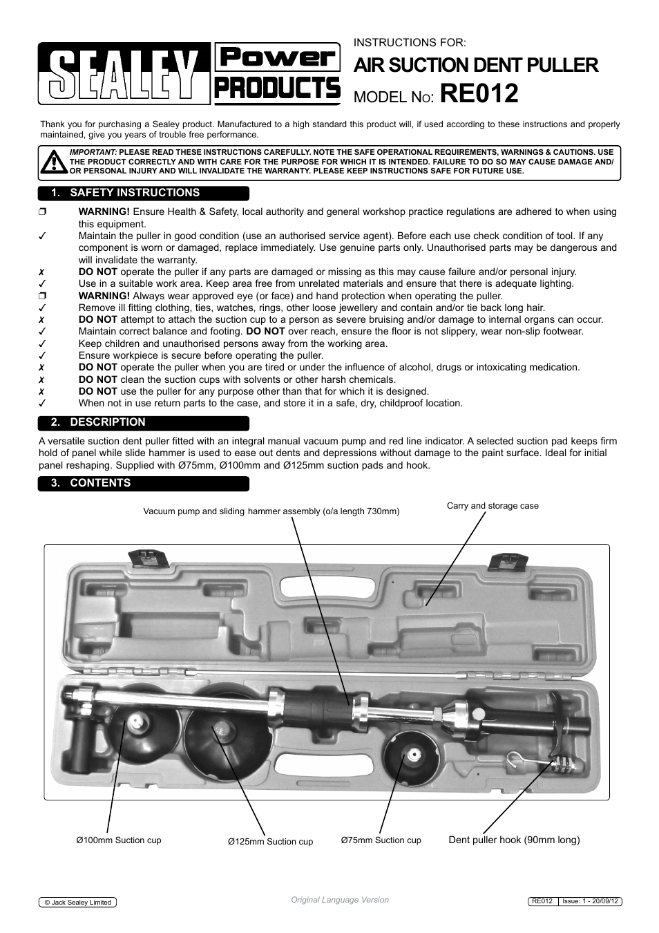 Sealey RE012 User Manual | 2 pages