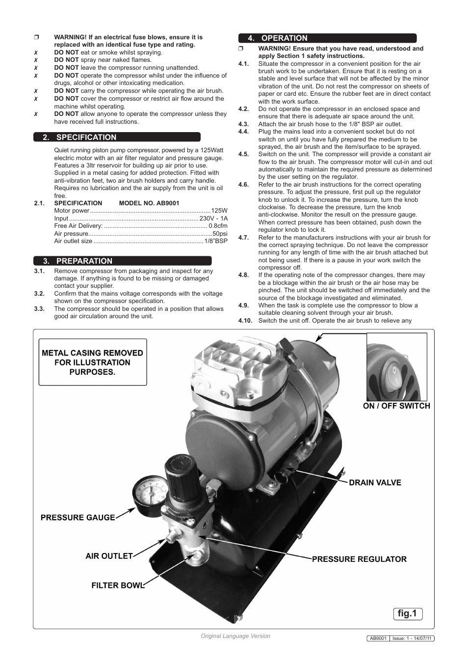 Fig.1, Specification, Preparation | Operation | Sealey AB9001 User Manual | Page 2 / 3