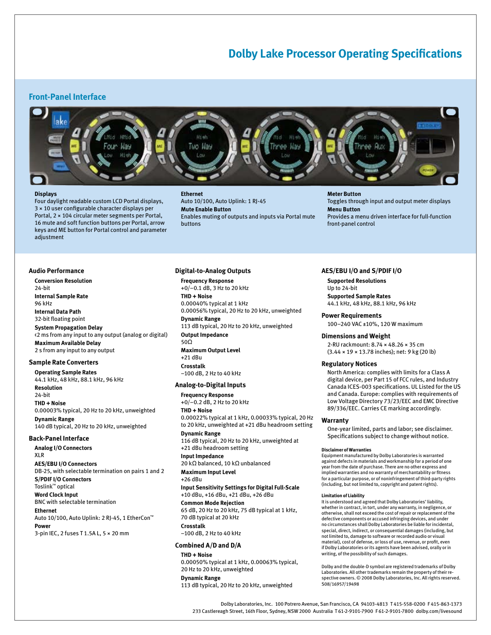 Dolby lake processor operating specifications, Front-panel interface | Dolby Laboratories Digital Loudspeaker User Manual | Page 4 / 4