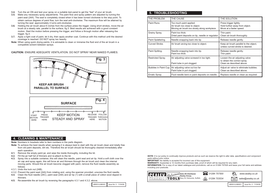 Fig. 3 fig. 4 surface, Keep motion steady and spray, Troubleshooting 4. cleaning & maintenance | Sealey AB9301 User Manual | Page 2 / 2