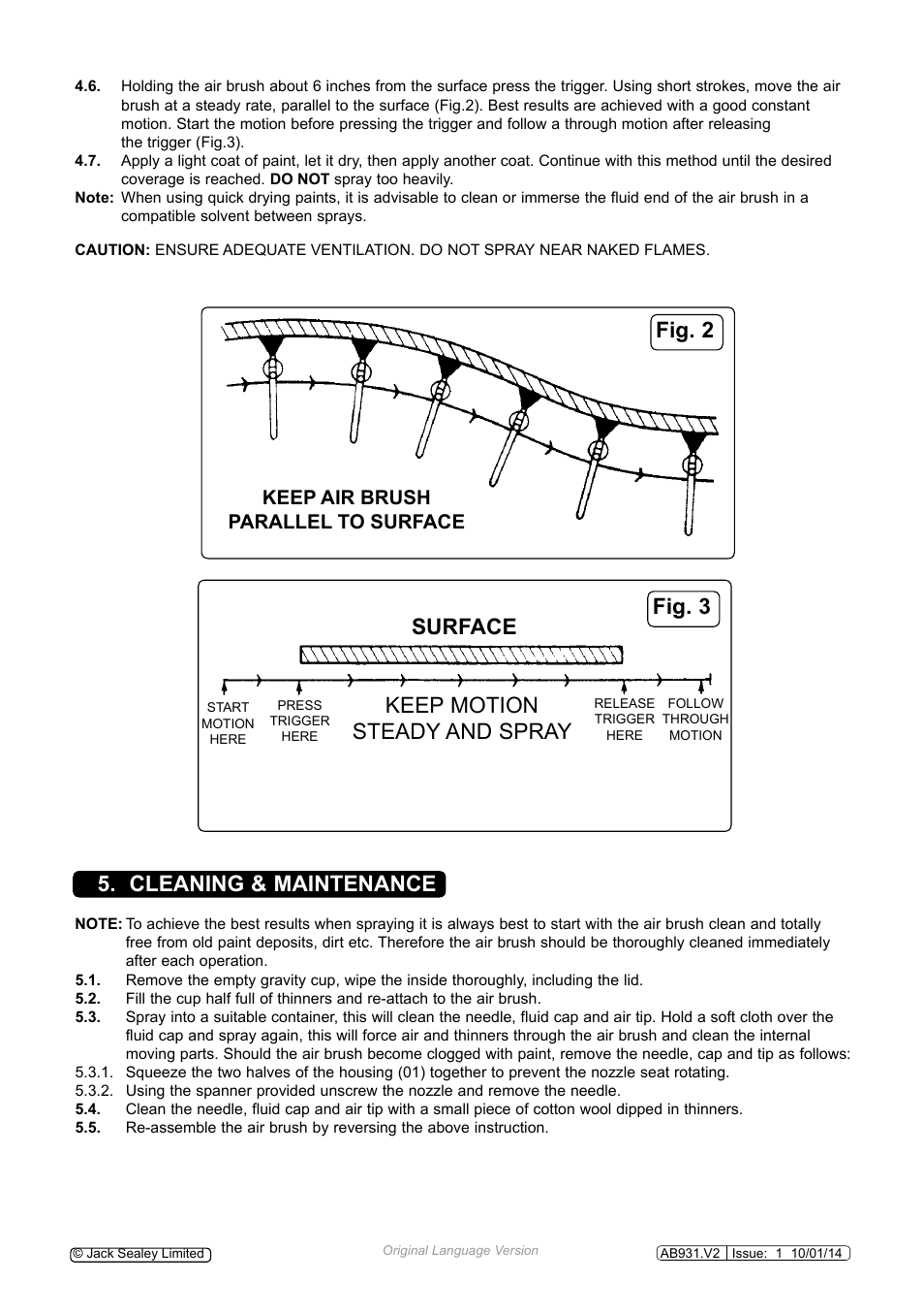 Fig. 2 fig. 3 surface, Keep motion steady and spray, Cleaning & maintenance | Keep air brush parallel to surface | Sealey AB931 User Manual | Page 2 / 3