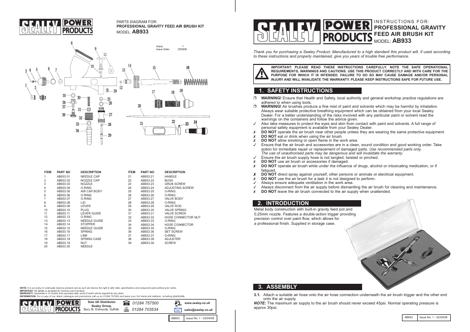 Sealey AB933 User Manual | 2 pages