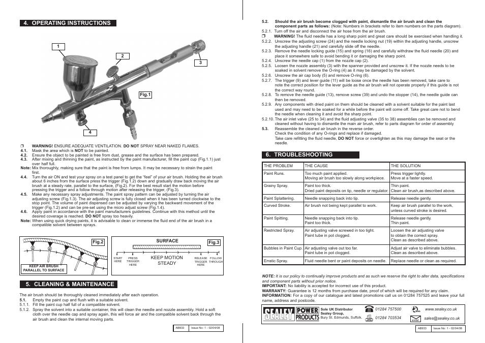 Cleaning & maintenance 6. troubleshooting, Operating instructions | Sealey AB933 User Manual | Page 2 / 2