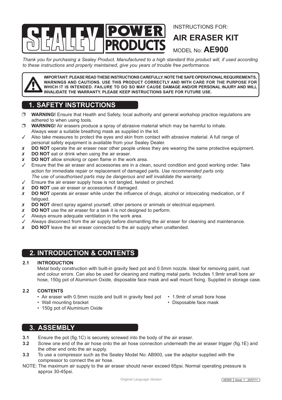 Sealey AE900 User Manual | 2 pages