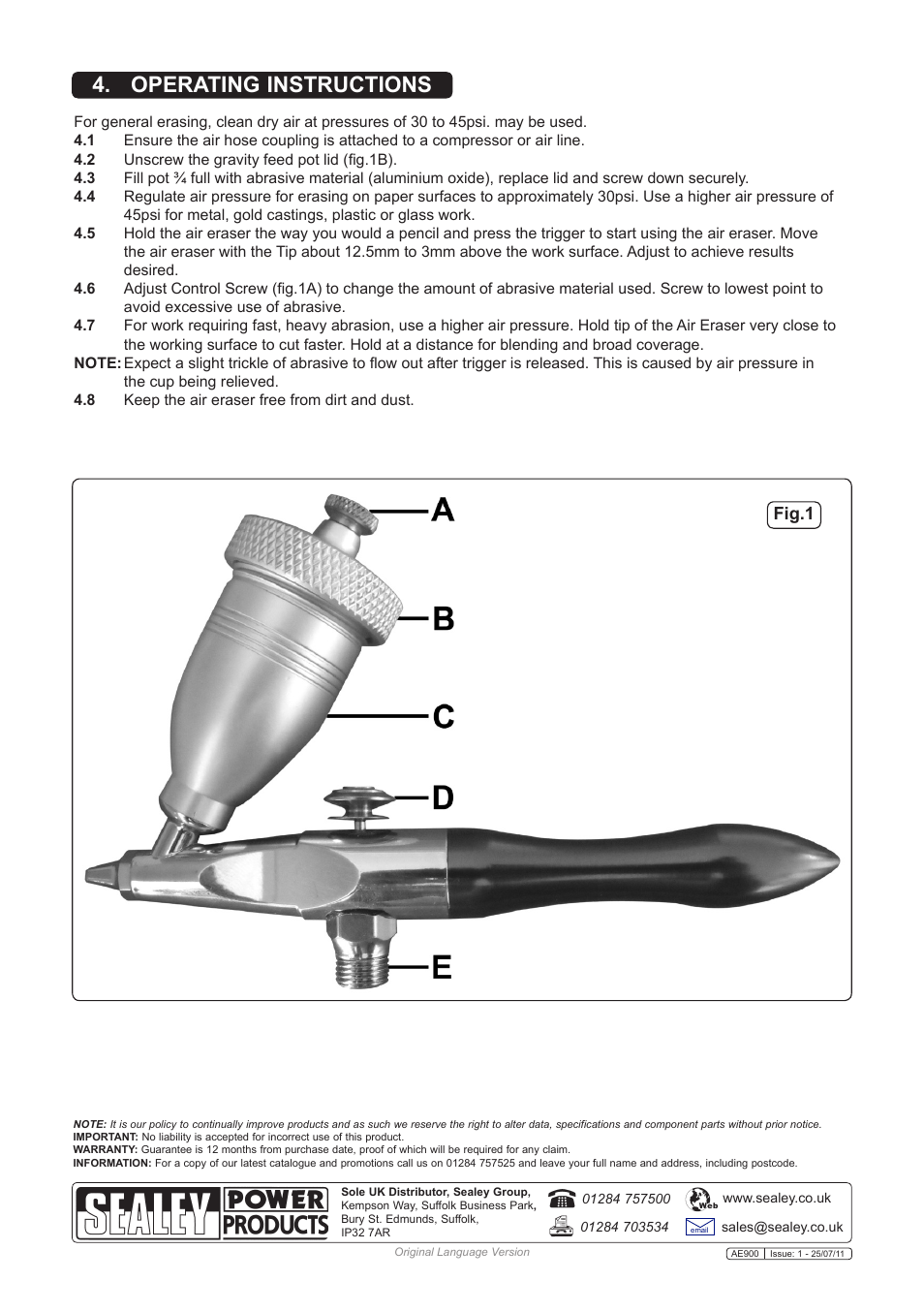 Operating instructions, Fig.1 | Sealey AE900 User Manual | Page 2 / 2