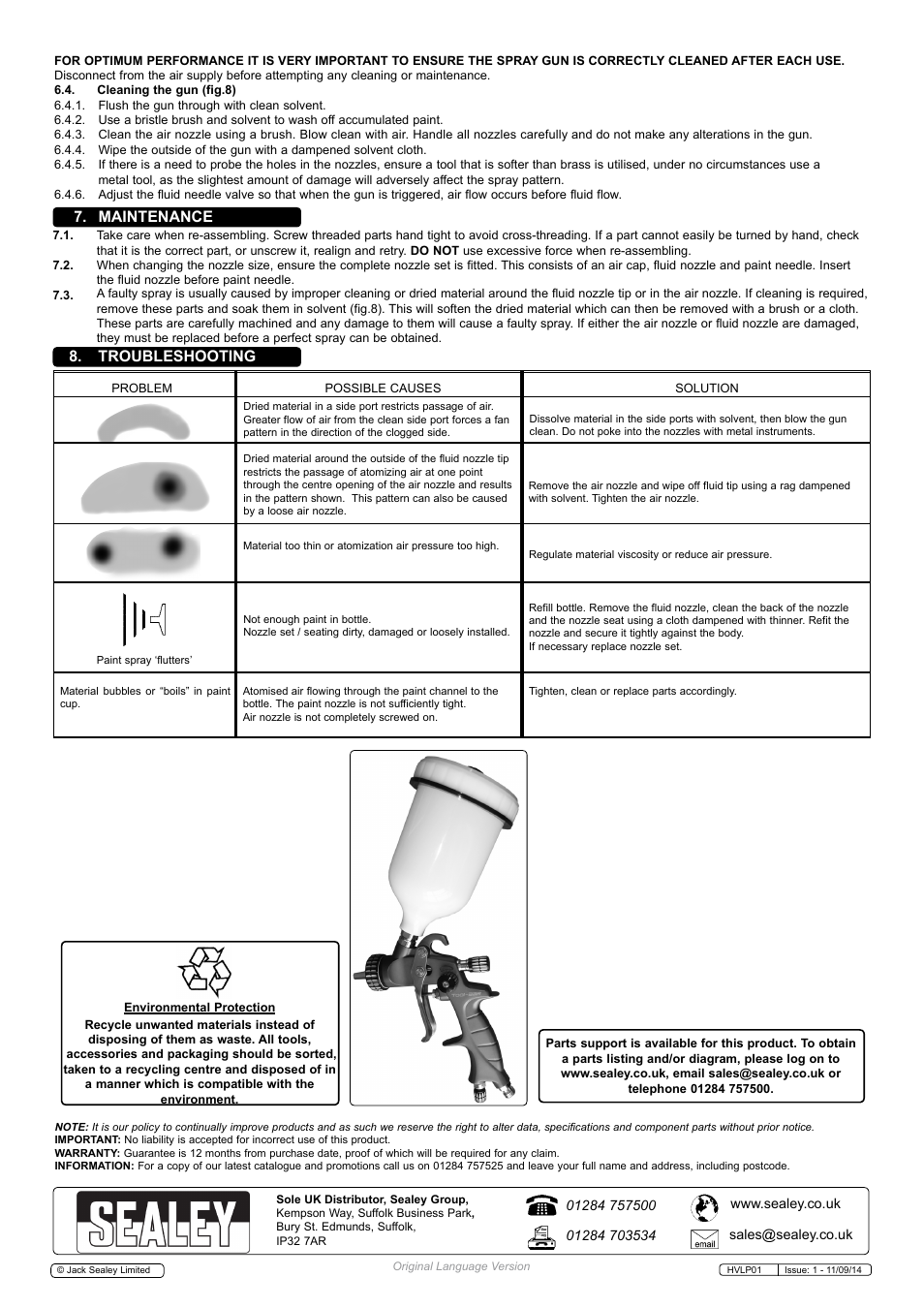 Maintenance, Troubleshooting | Sealey HVLP01 User Manual | Page 3 / 3