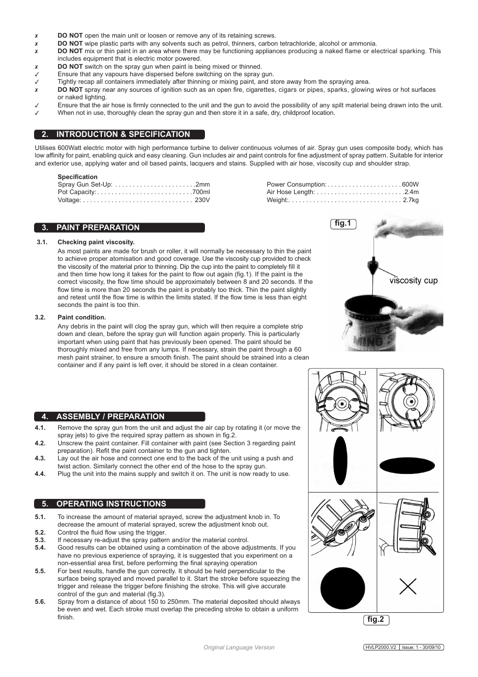 Introduction & specification 3. paint preparation, Assembly / preparation fig.2, Fig.1 5. operating instructions | Sealey HVLP2000 User Manual | Page 2 / 4