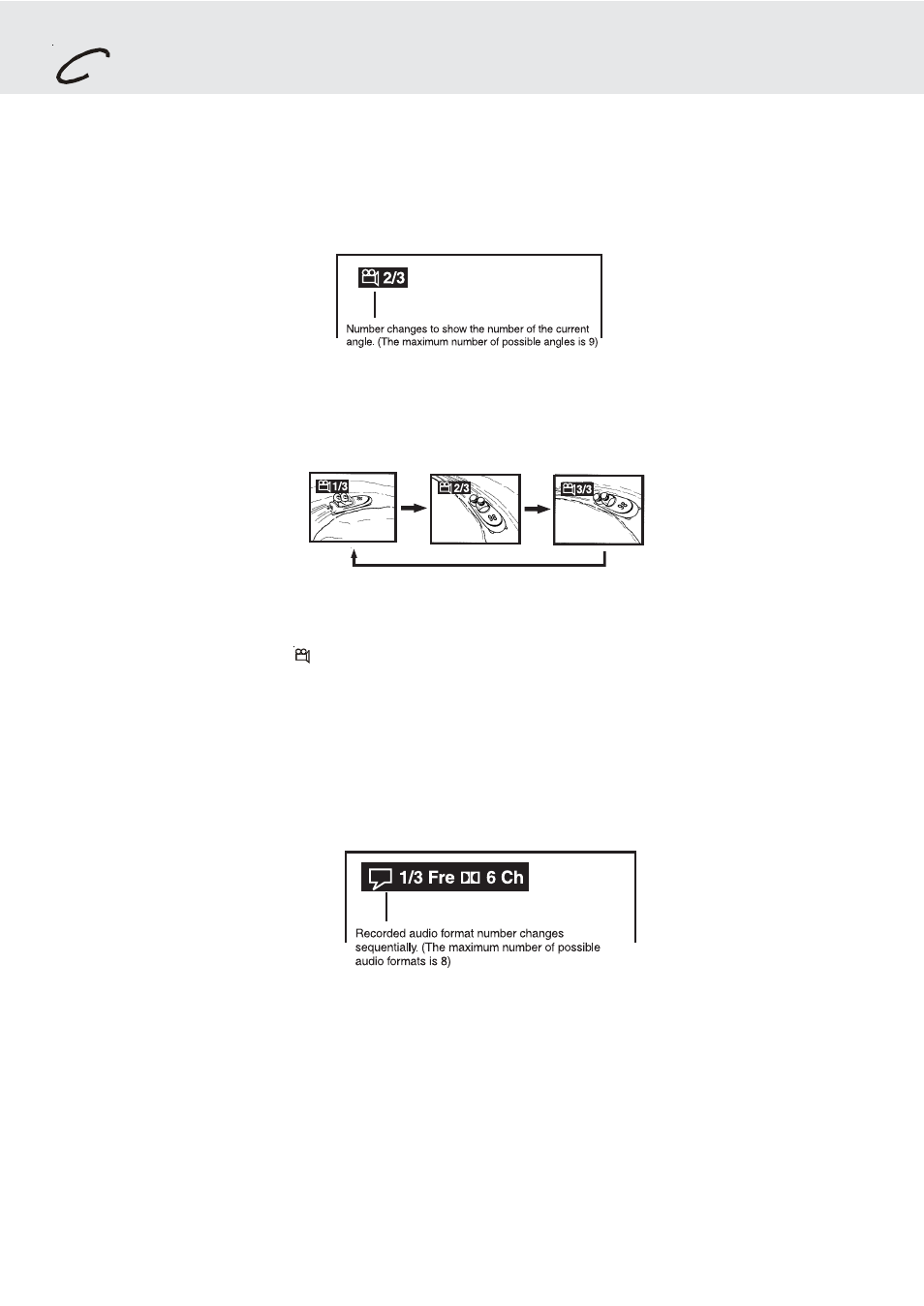 Playing a disc, Angle selection, Audio selection | Dolby Laboratories DVD/VCR Combo User Manual | Page 23 / 64