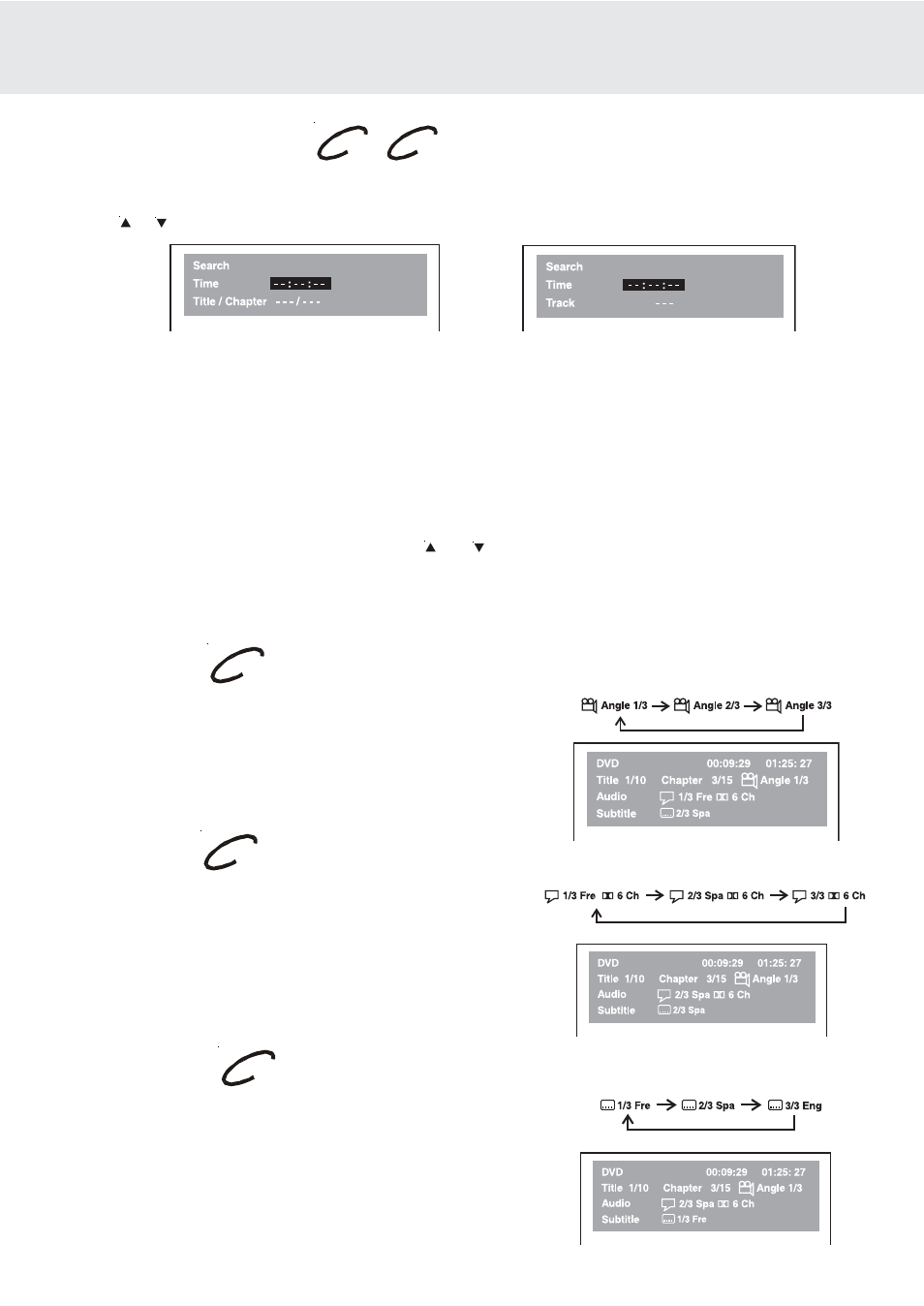 Special functions, Locating a specific time, Angle setting | Audio setting, Subtitle setting | Dolby Laboratories DVD/VCR Combo User Manual | Page 27 / 64