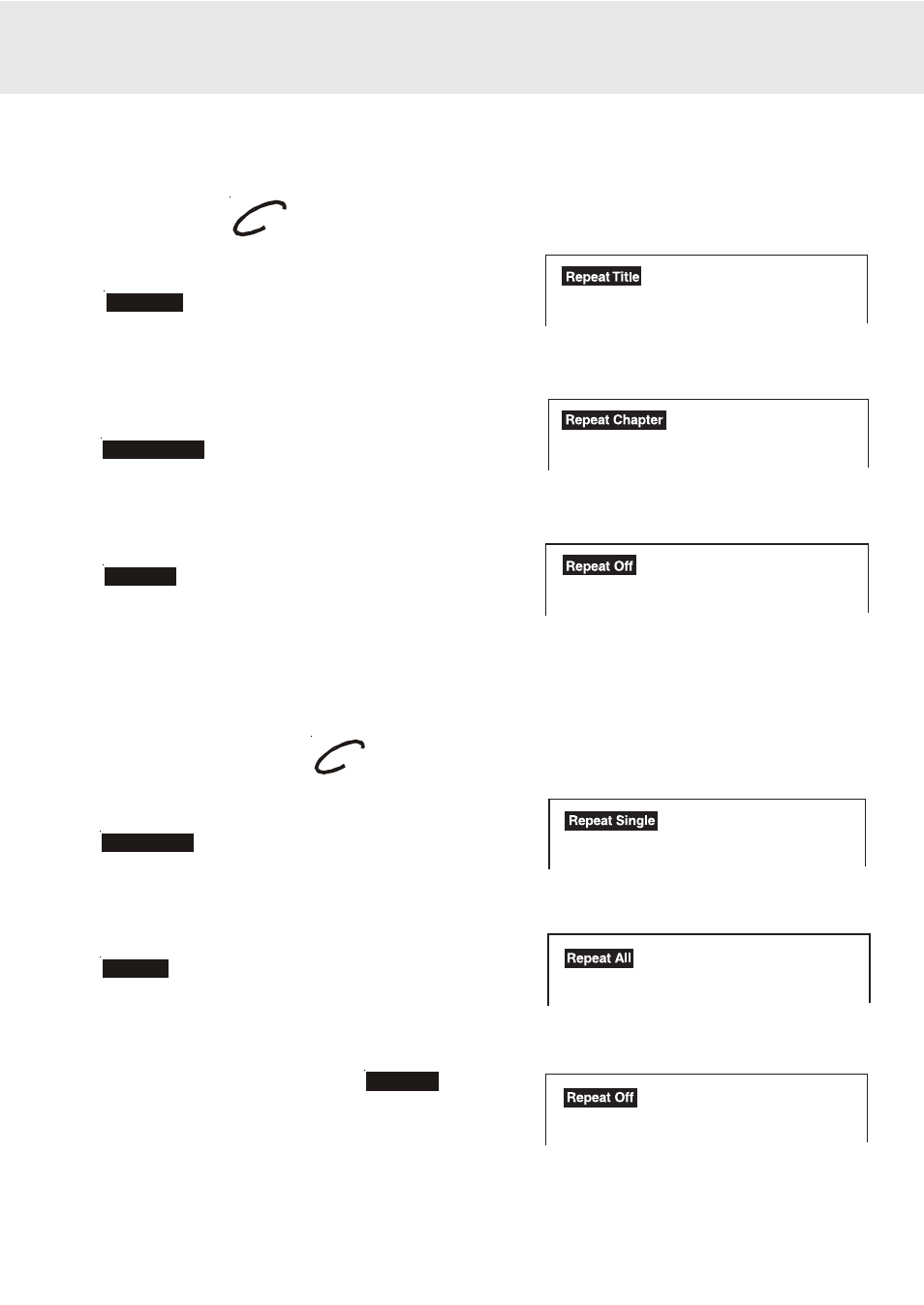 Repeat playback, Repeating a title, Repeating a chapter | Repeating a single track, Repeating a whole disc | Dolby Laboratories DVD/VCR Combo User Manual | Page 29 / 64