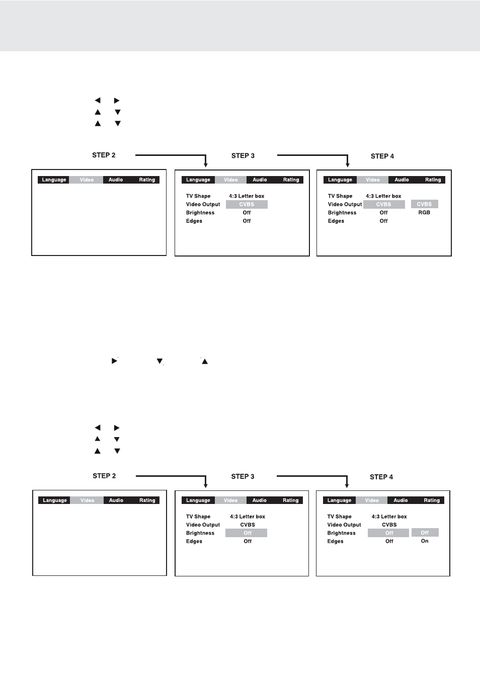 Customizing the function settings, Video output, Brightness | Dolby Laboratories DVD/VCR Combo User Manual | Page 34 / 64