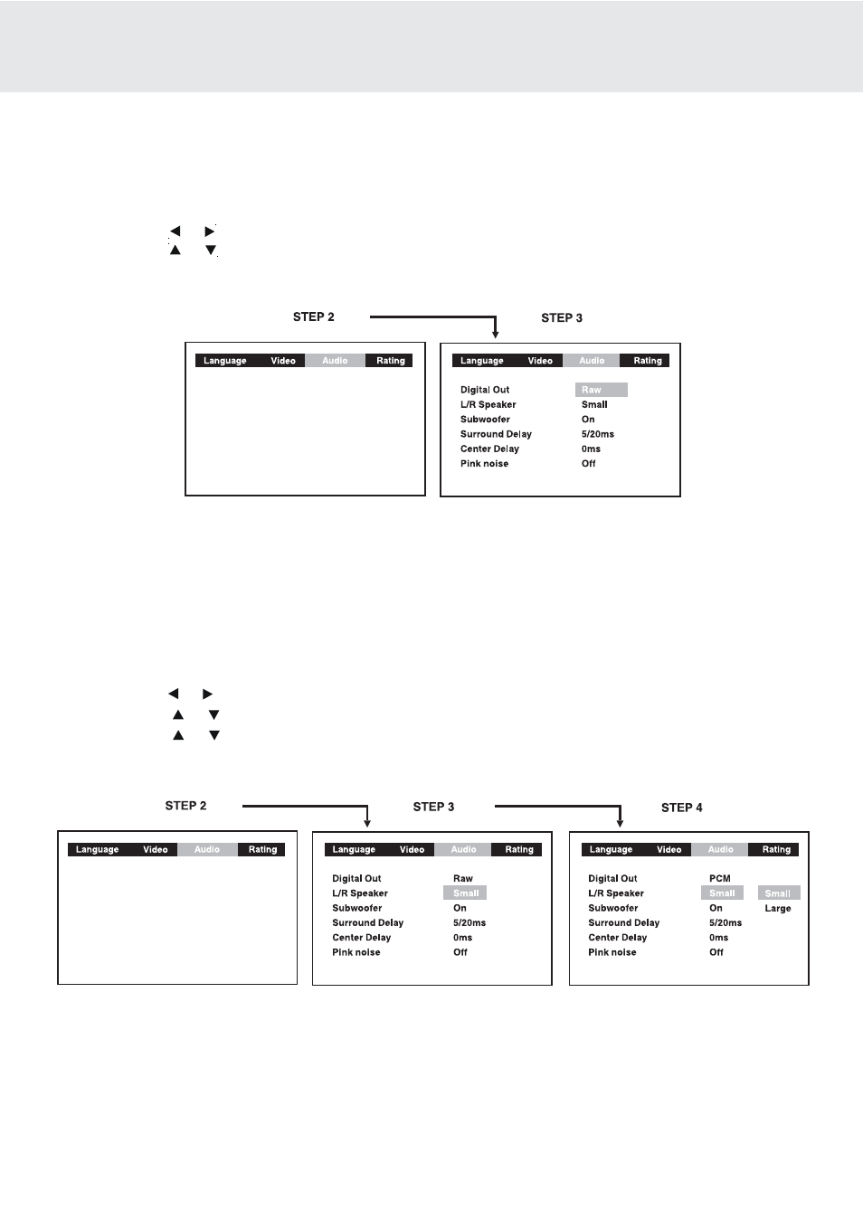 Customizing the function settings, Audio setting, Digital out | L/r speaker | Dolby Laboratories DVD/VCR Combo User Manual | Page 36 / 64