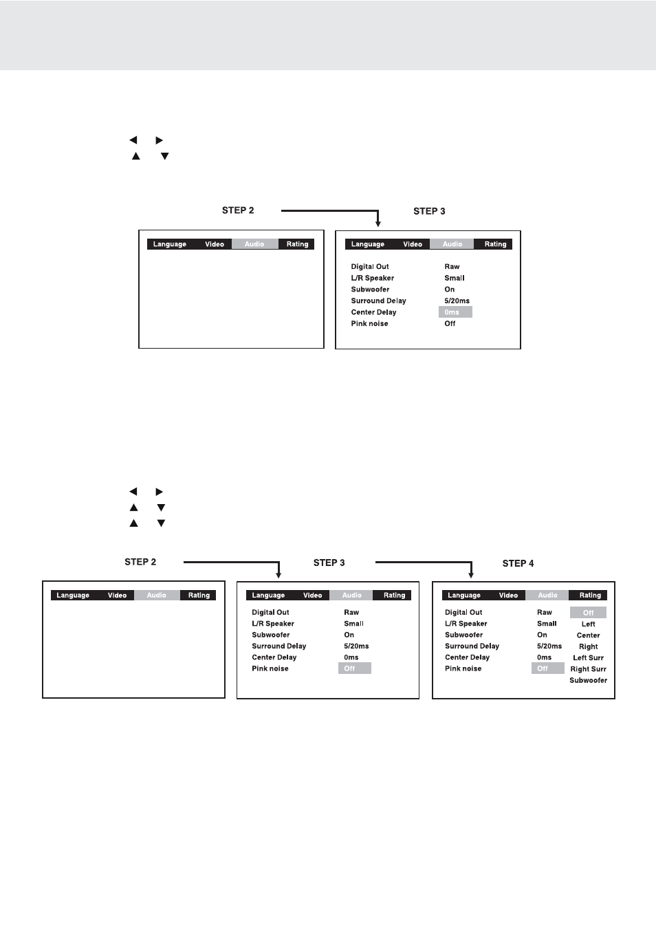 Customizing the function settings, Pink noise, Center delay | Dolby Laboratories DVD/VCR Combo User Manual | Page 38 / 64