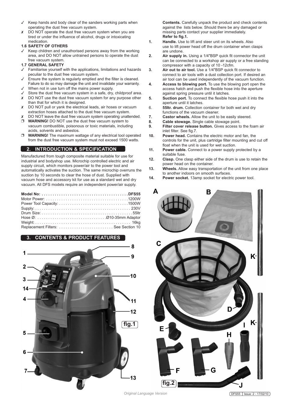 Fig.2 fig.1, Introduction & specification, Contents & product features | Sealey DFS55 User Manual | Page 2 / 5