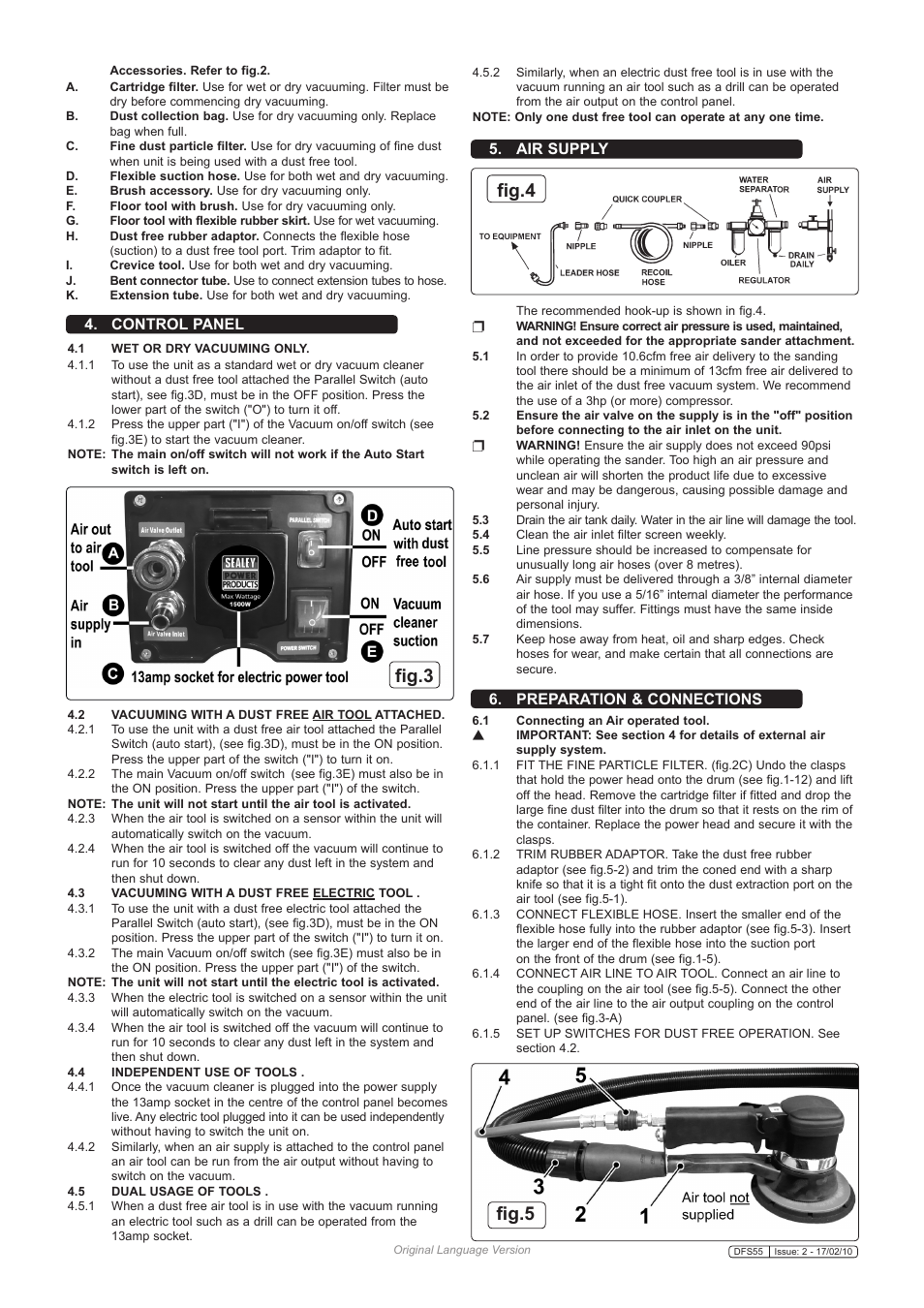 Fig.4, Fig.3, Fig.5 | Control panel, Air supply 6. preparation & connections | Sealey DFS55 User Manual | Page 3 / 5