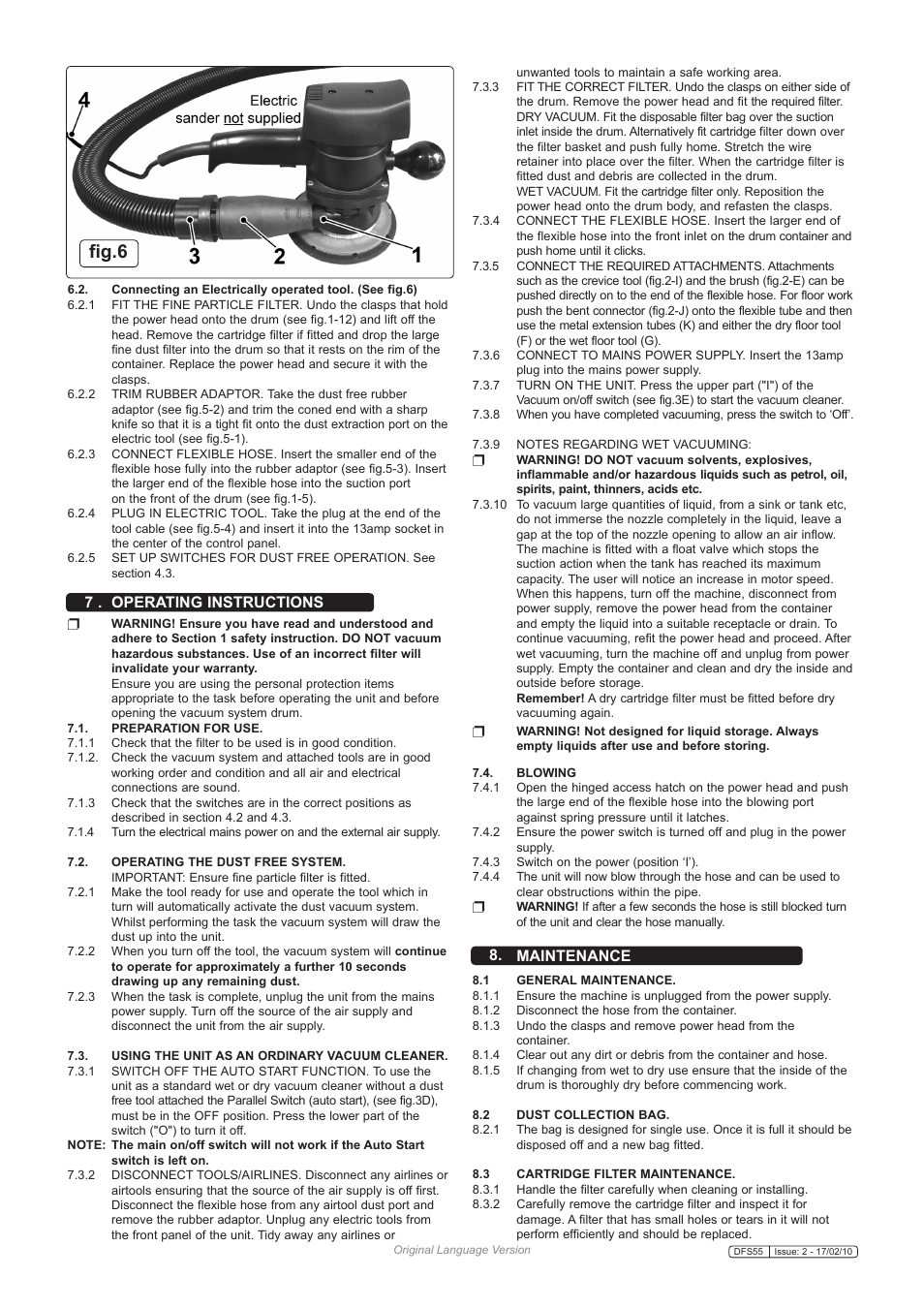 Fig.6, 7 . operating instructions, Maintenance | Sealey DFS55 User Manual | Page 4 / 5