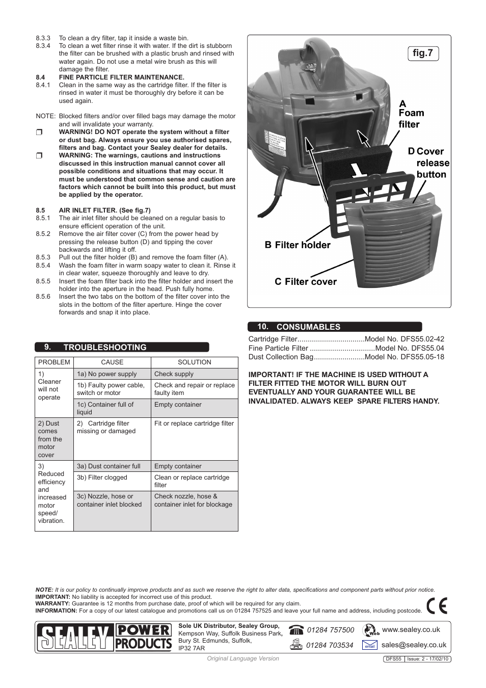 Fig.7, Consumables 9. troubleshooting | Sealey DFS55 User Manual | Page 5 / 5