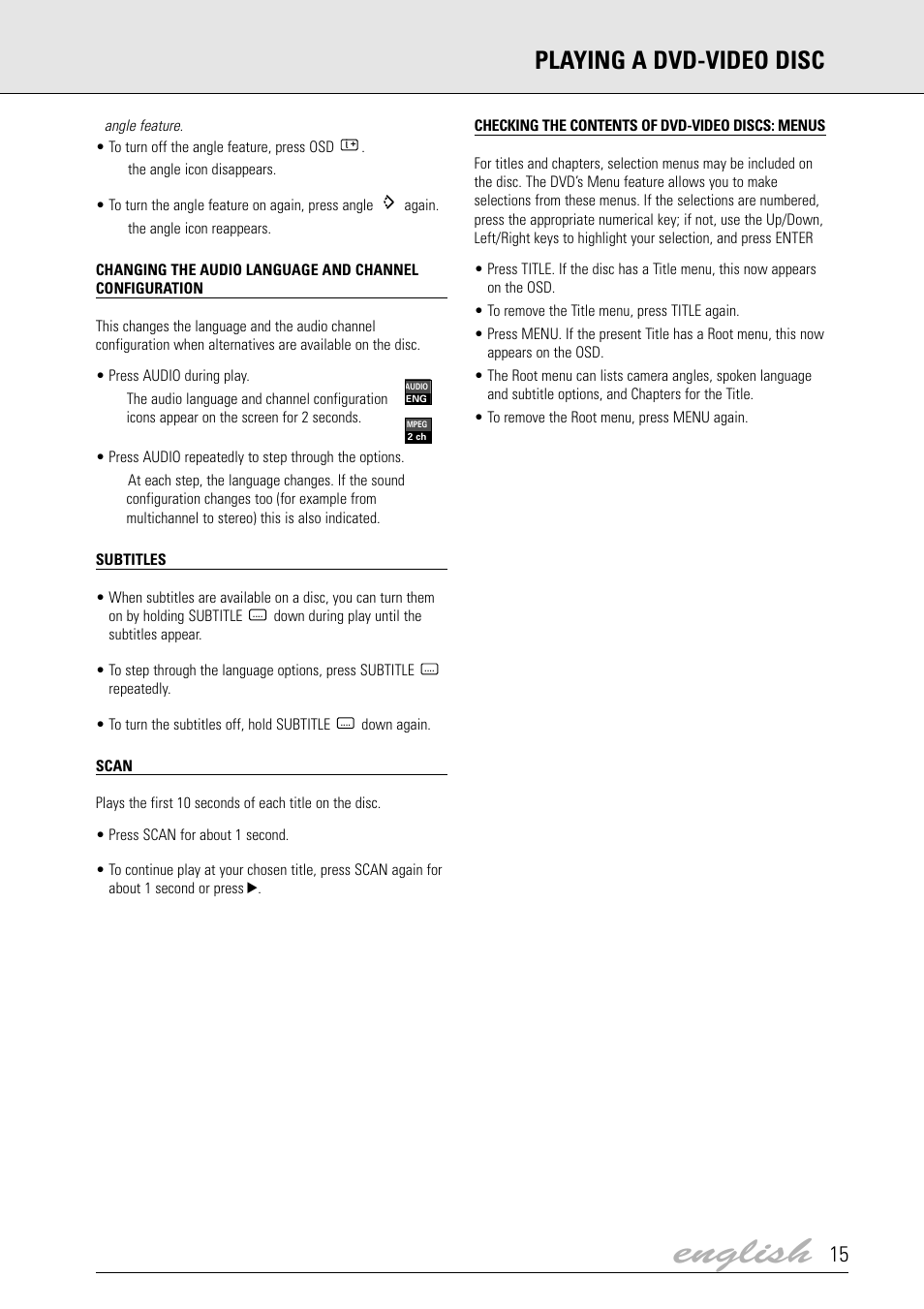 English, Playing a dvd-video disc | Dolby Laboratories DVD Video User Manual | Page 11 / 20