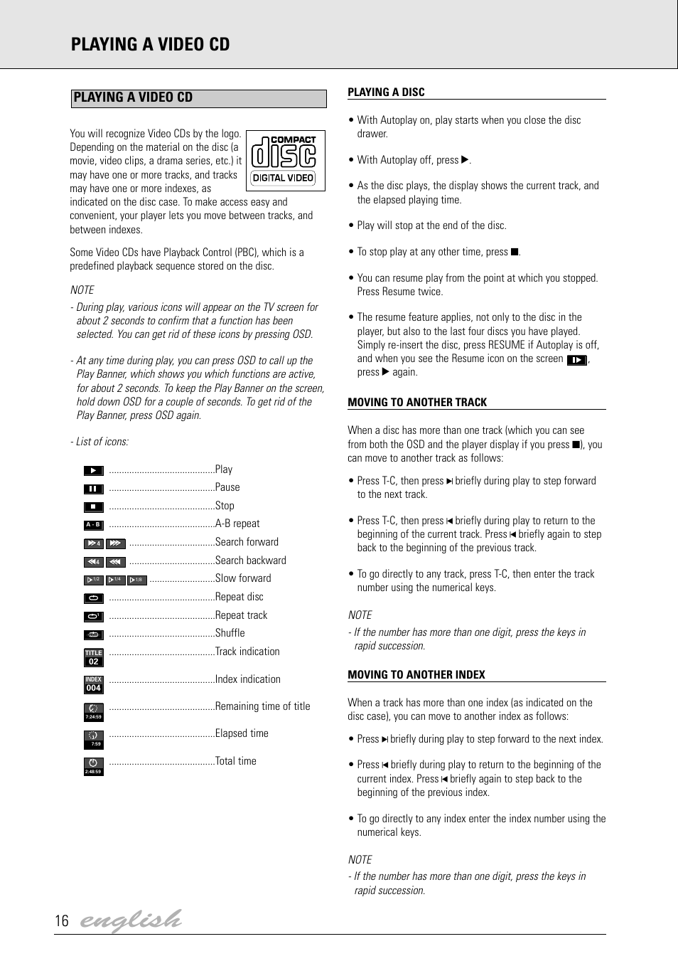 English, Playing a video cd | Dolby Laboratories DVD Video User Manual | Page 12 / 20