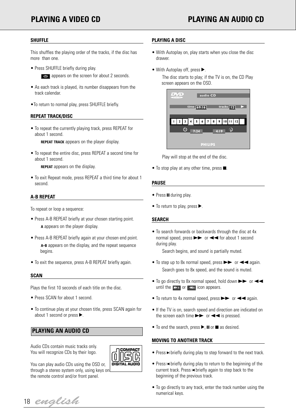 English, Playing a video cd playing an audio cd, Playing an audio cd | Dolby Laboratories DVD Video User Manual | Page 14 / 20