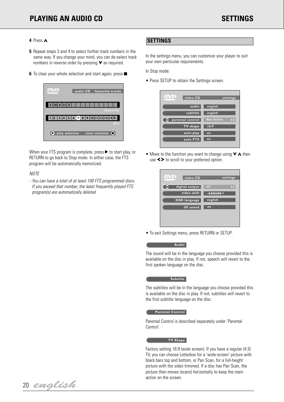 English, Playing an audio cd settings, Settings | Dolby Laboratories DVD Video User Manual | Page 16 / 20