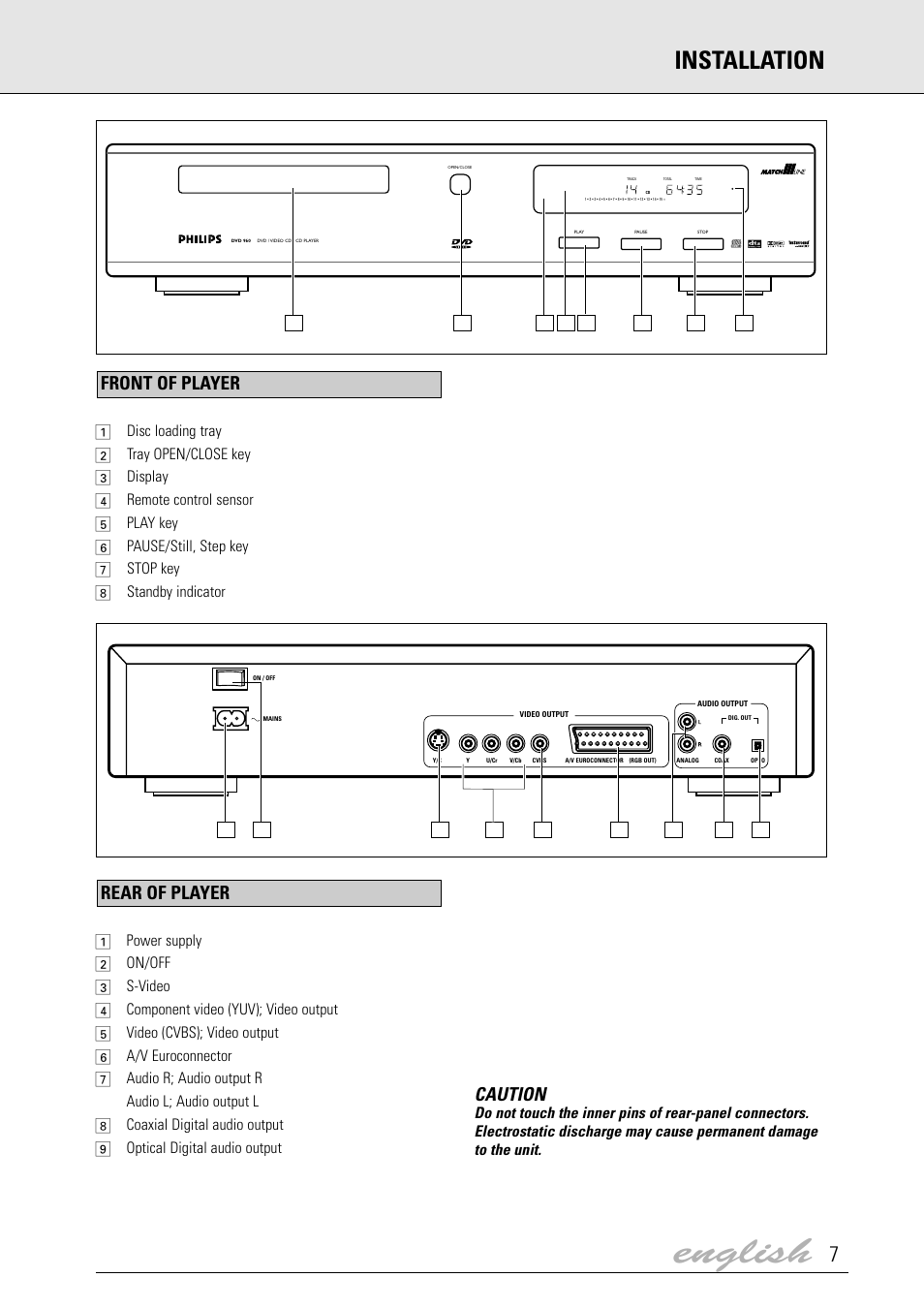 English, Installation, Front of player | Caution, Rear of player | Dolby Laboratories DVD Video User Manual | Page 3 / 20