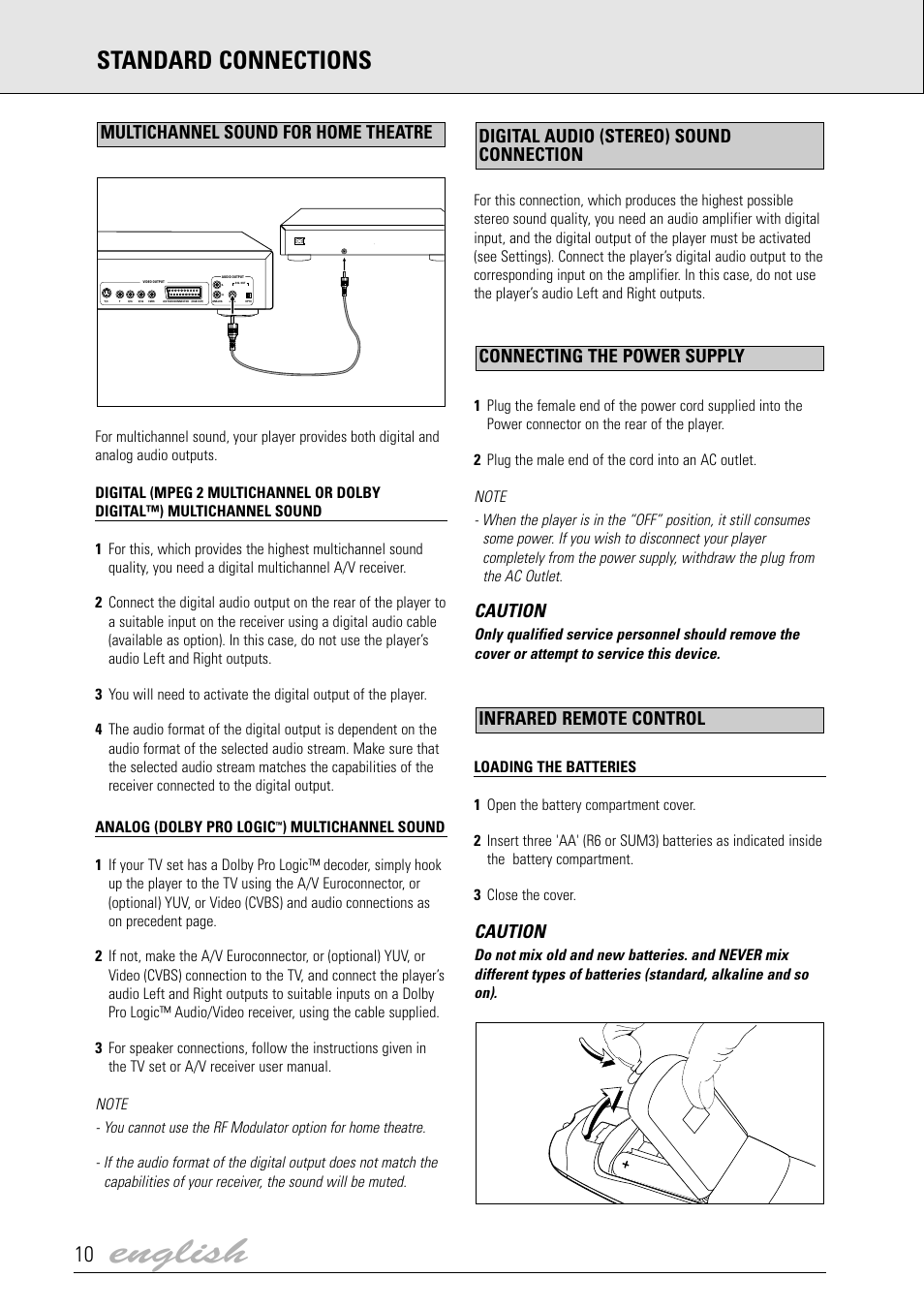 English, Standard connections, Caution | Multichannel sound for home theatre | Dolby Laboratories DVD Video User Manual | Page 6 / 20