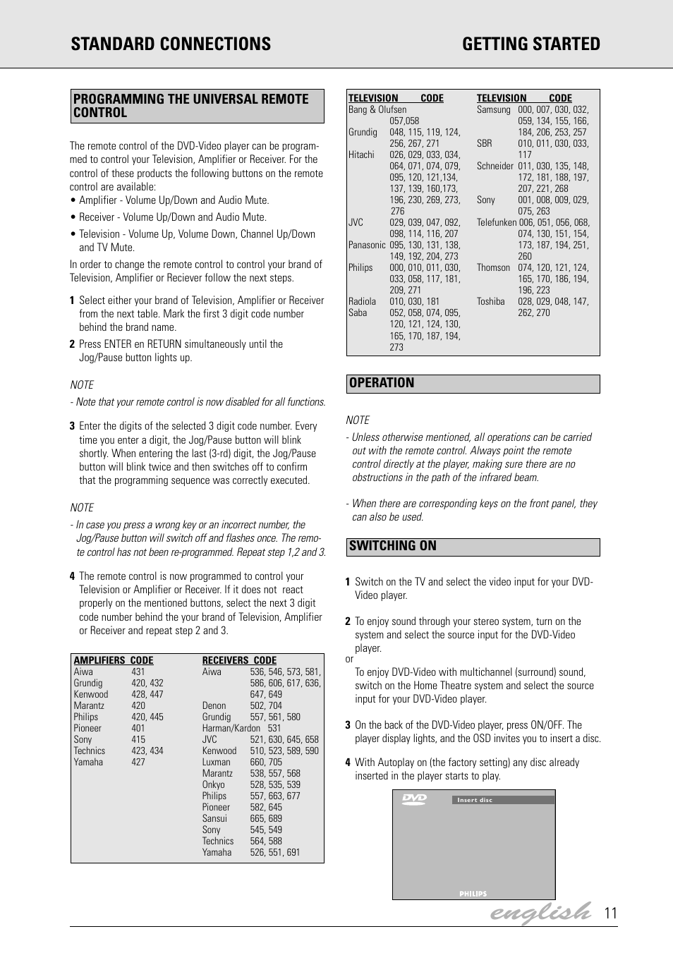English, Standard connections getting started, Switching on operation | Programming the universal remote control | Dolby Laboratories DVD Video User Manual | Page 7 / 20