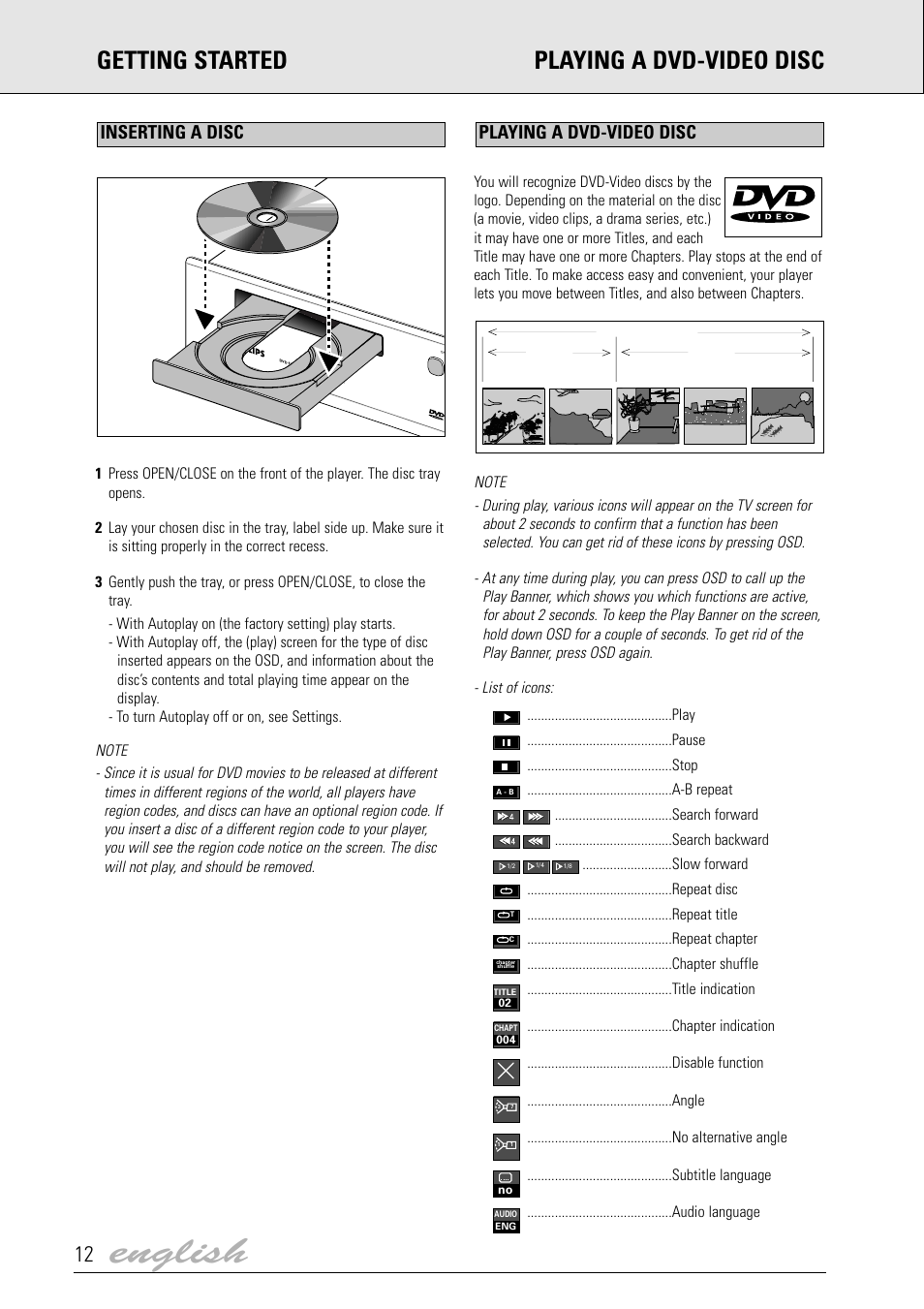 English, Getting started playing a dvd-video disc, Playing a dvd-video disc | Inserting a disc | Dolby Laboratories DVD Video User Manual | Page 8 / 20