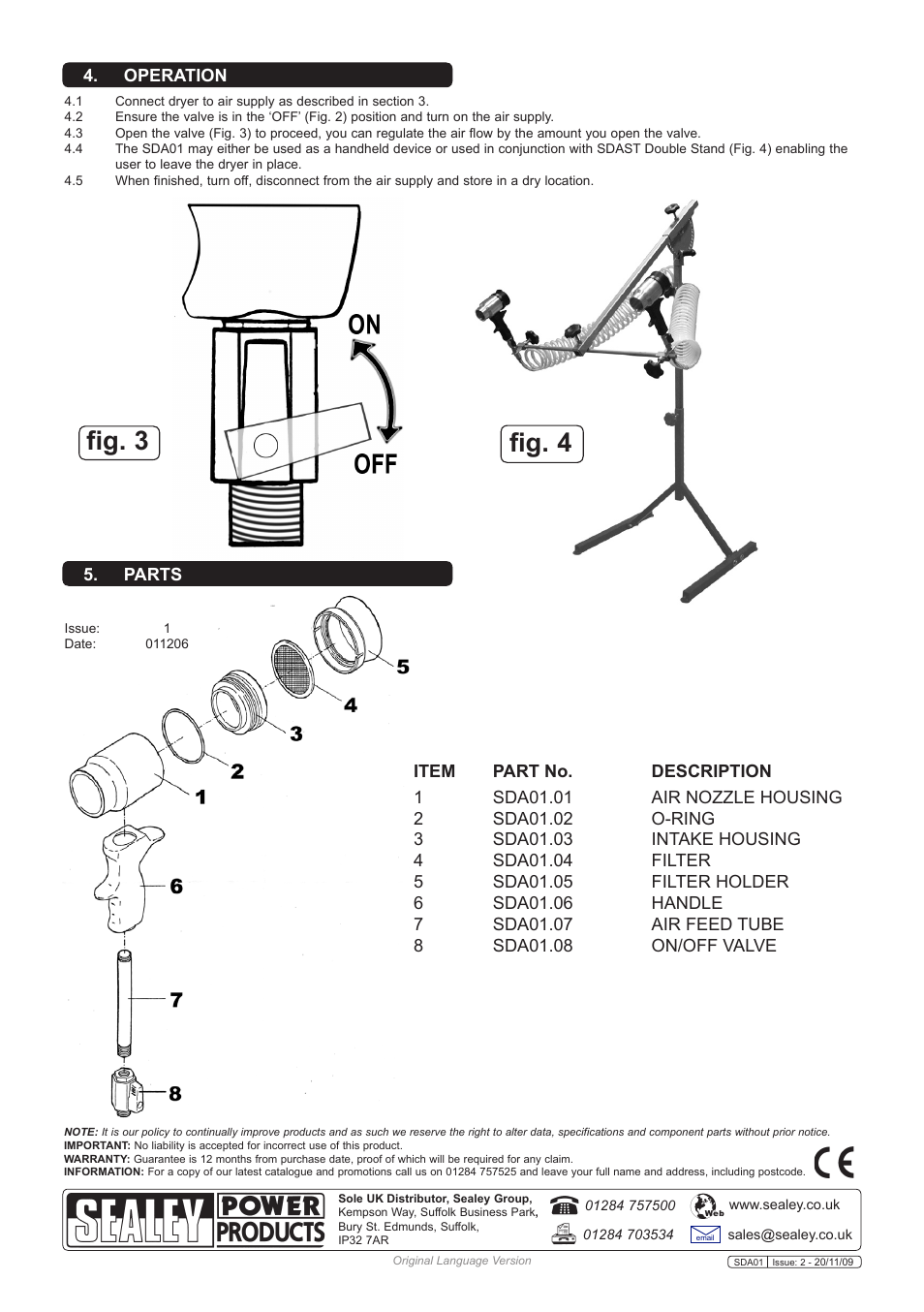 Air operated panel dryer, Sda01, Fig. 3 fig. 4 | Instructions for, Model no | Sealey SDA01 User Manual | Page 2 / 2