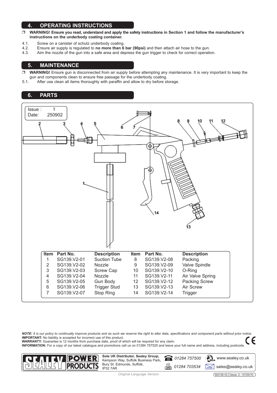 Operating instructions, Maintenance, Parts | Sealey SG139 User Manual | Page 2 / 2