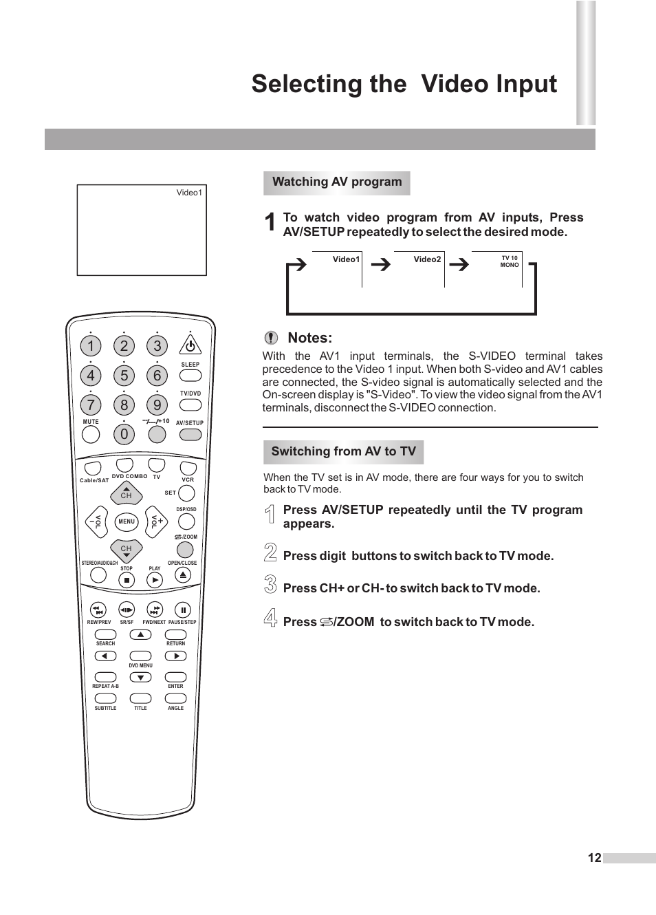 Selecting the video input, Watching av program switching from av to tv | Dolby Laboratories DV2418 User Manual | Page 14 / 60