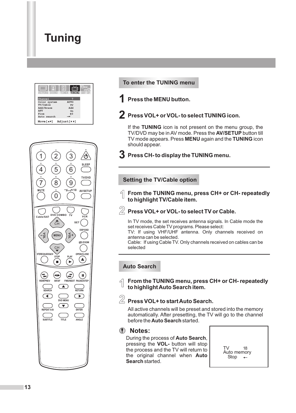 12 3 tuning, Press vol+ or vol- to select tv or cable, Setting the tv/cable option | Dolby Laboratories DV2418 User Manual | Page 15 / 60