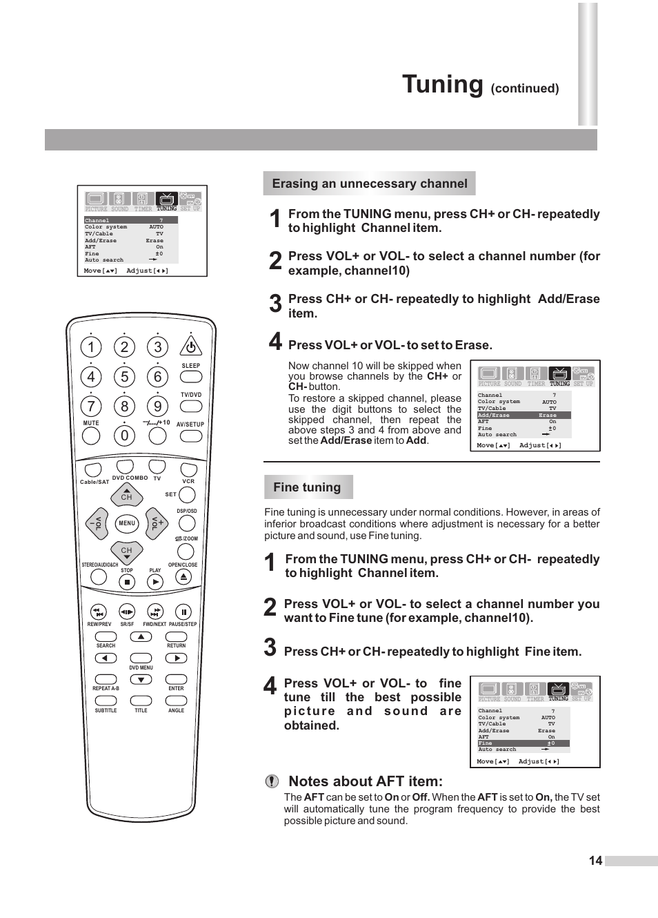 Tuning, Erasing an unnecessary channel, Fine tuning | Continued) | Dolby Laboratories DV2418 User Manual | Page 16 / 60