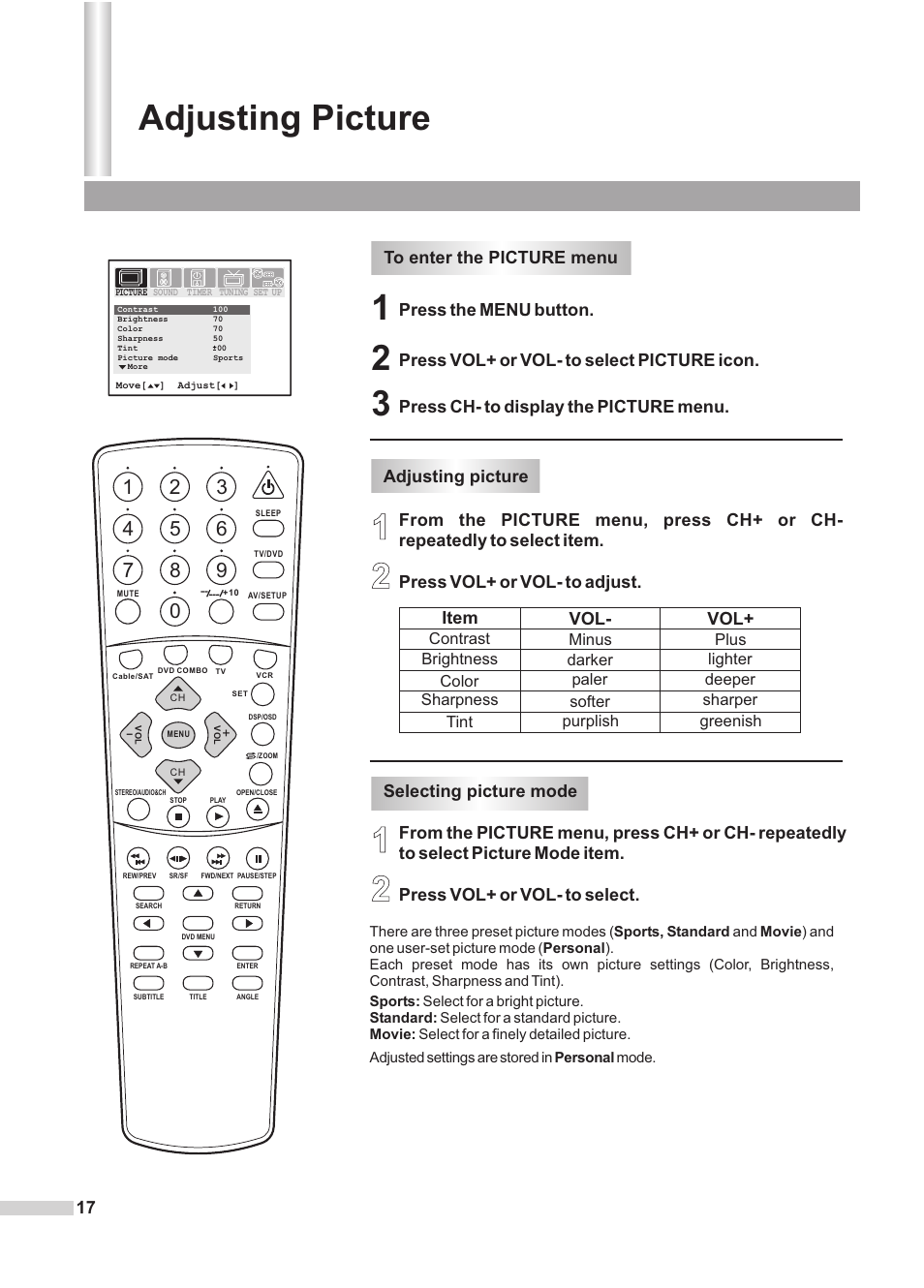 1 2 adjusting picture, Item vol- vol, Selecting picture mode | Dolby Laboratories DV2418 User Manual | Page 19 / 60