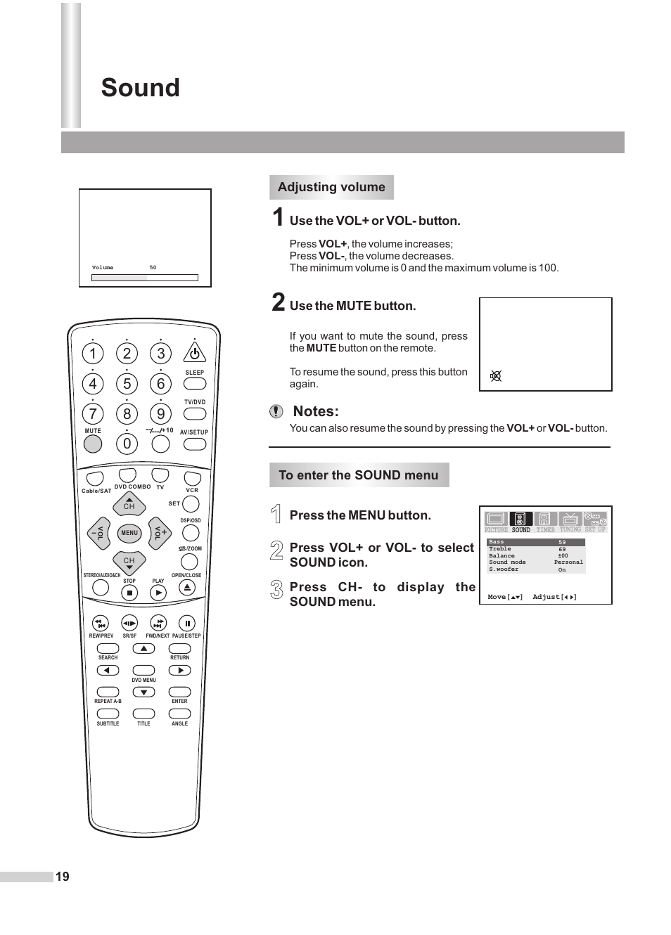 Sound, Adjusting volume/muting the sound, Use the vol+ or vol- button | Use the mute button, 19 adjusting volume | Dolby Laboratories DV2418 User Manual | Page 21 / 60