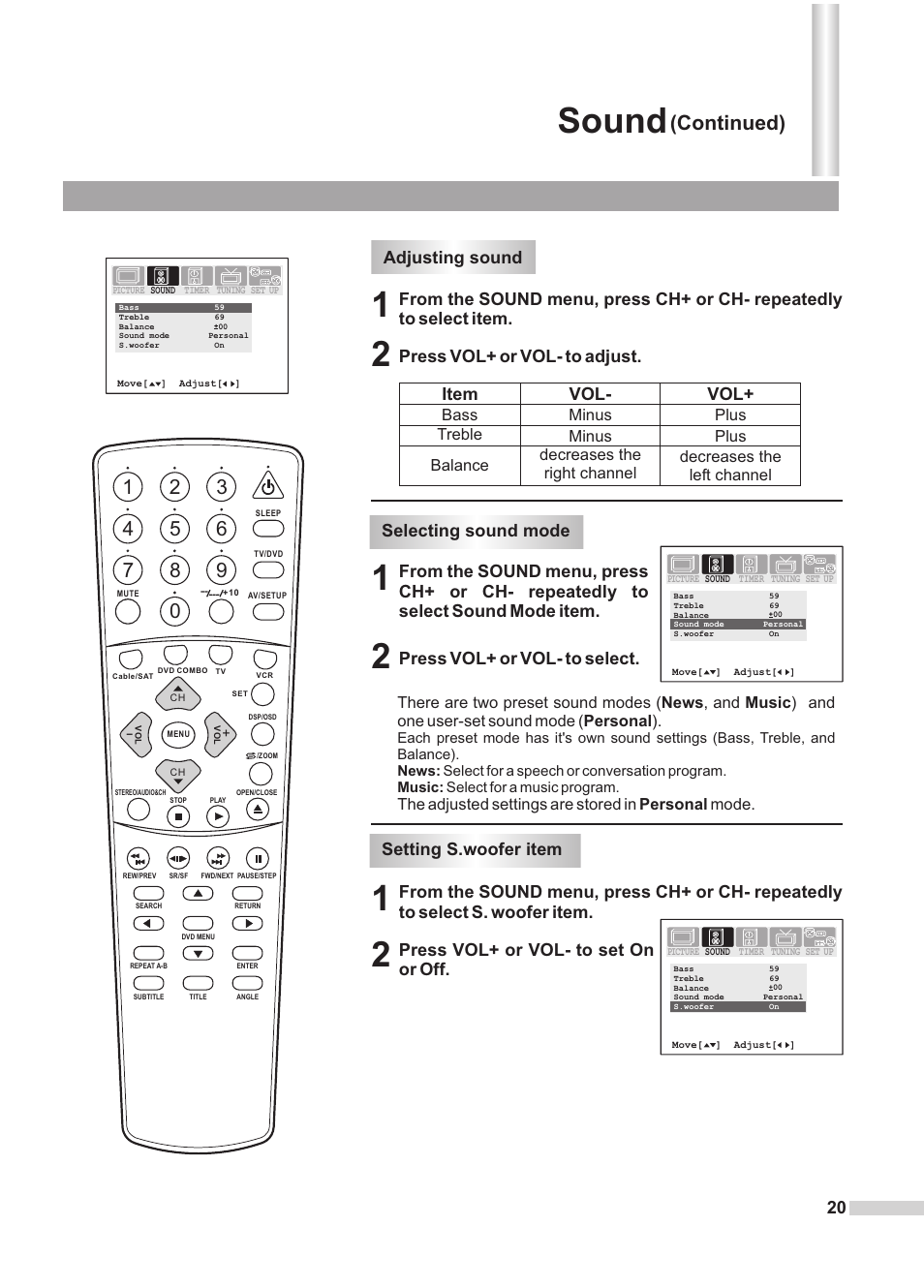 Sound, Continued), Adjusting sound | Selecting sound mode | Dolby Laboratories DV2418 User Manual | Page 22 / 60