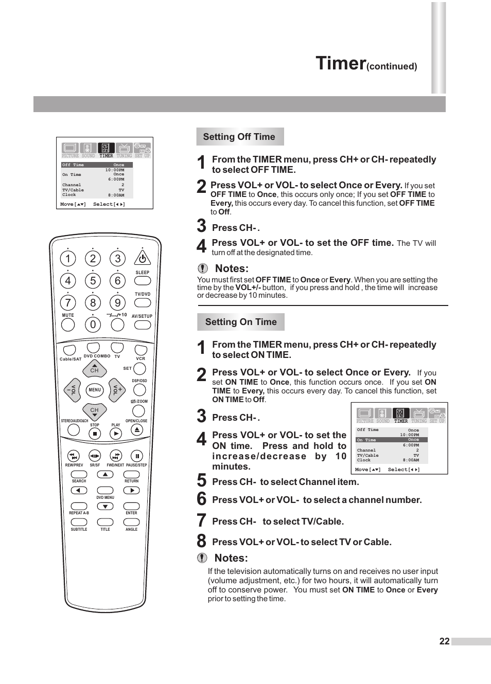 Timer, Press ch, Press ch- to select channel item | Press ch- to select tv/cable, Press vol+ or vol- to select once or every, Press vol+ or vol- to set the off time, Press vol+ or vol- to select a channel number, Continued) | Dolby Laboratories DV2418 User Manual | Page 24 / 60