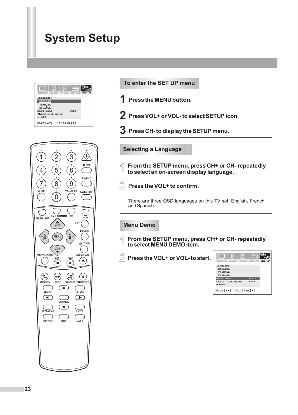 System setup, Selecting a language menu demo | Dolby Laboratories DV2418 User Manual | Page 25 / 60