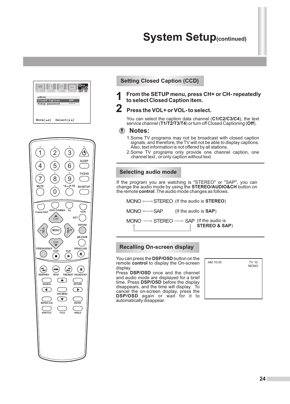 System setup, Selecting audio mode recalling on-screen display, Continued) | Dolby Laboratories DV2418 User Manual | Page 26 / 60